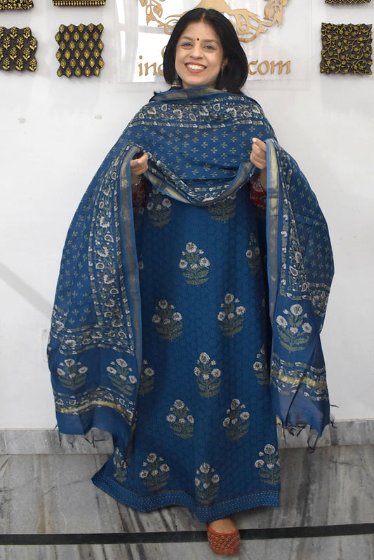 Elegant Hand Block print cotton suit with Schiffli work & Chanderi dupatta