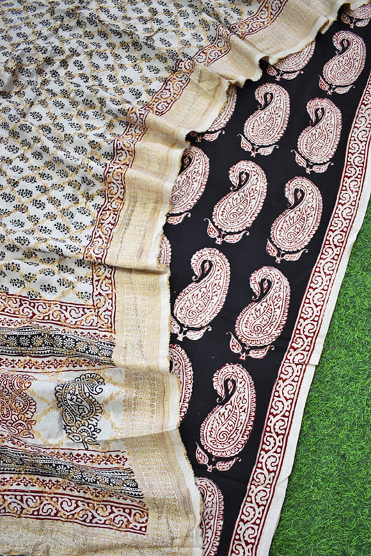 Bagh Hand Block Printed unstitched Crepe suit fabric With Banarasi Dupatta