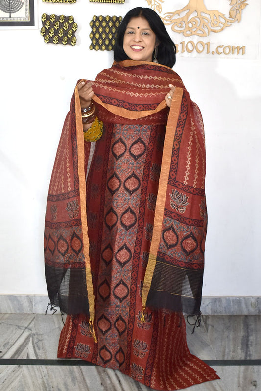 Beautiful Pure Linen Ajrakh  Hand Block Print Suit