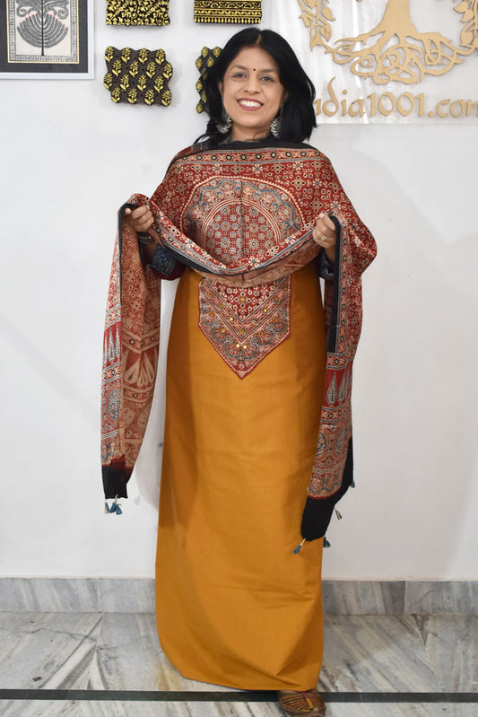 Designer Cotton suits with Ajrakh patch, mirror work & Ajrakh Stole
