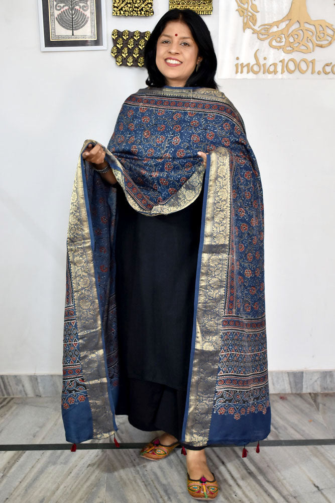 Beautiful Ajrakh Dola Silk Hand Block Print  Dupatta with Tassels