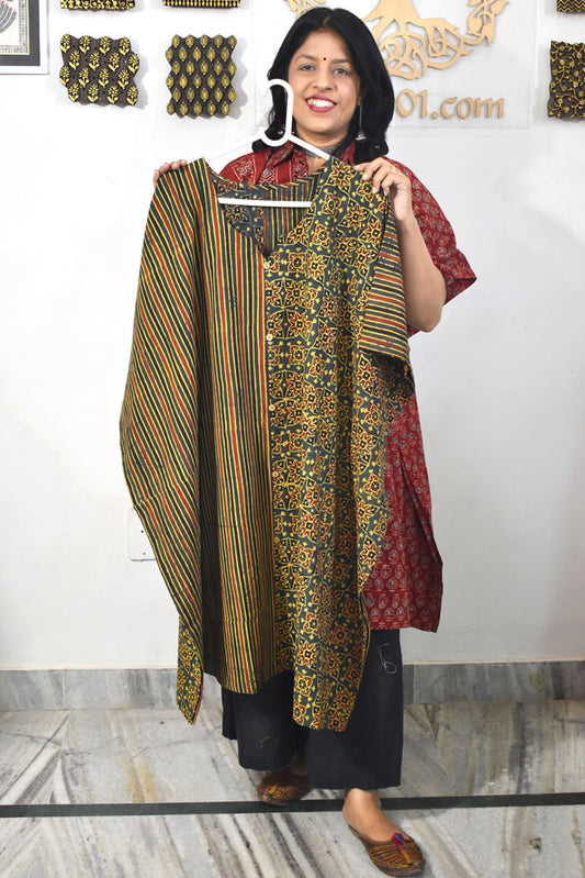 Beautiful Hand Block Printed Ajrakh Kaftan, Can fit till size 44