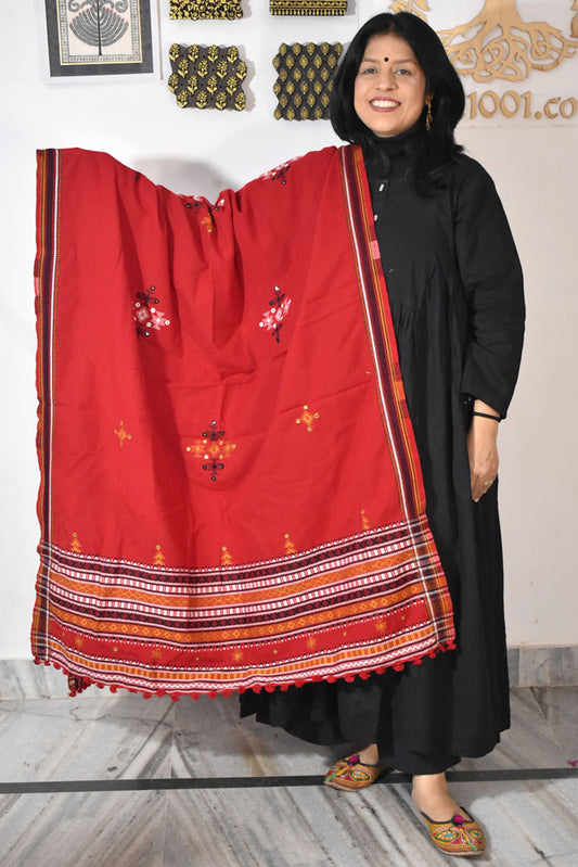 Handwoven Bhujodi Mirror Work Wool Stole / Shawl