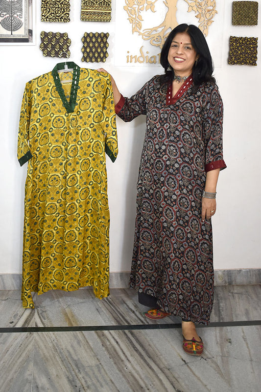 Beautiful Ajrakh Modal Silk Kurta with Kutch Mirror Work size - 38 - 44