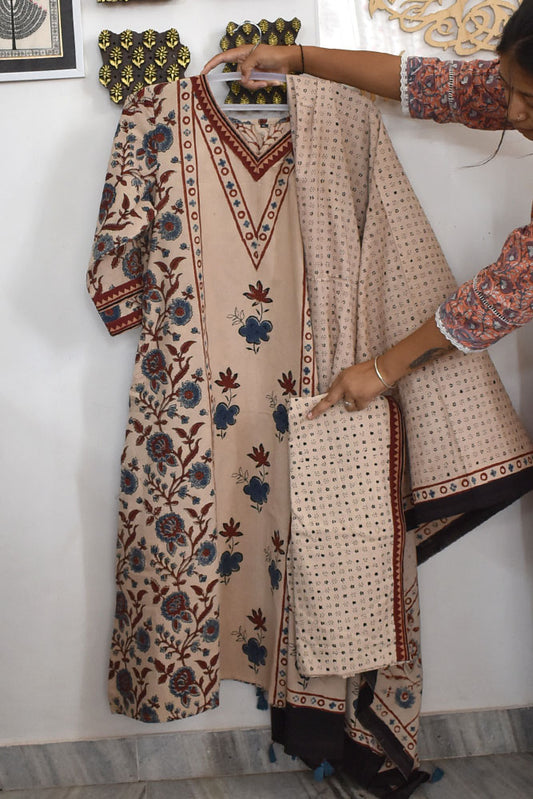 Ajrakh Hand Block Printed stitched 3 pc Cotton suit - 42 size