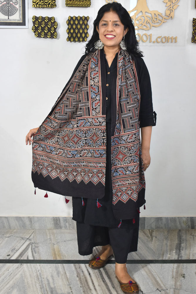 Ajrakh Hand Block Printed Khadi Cotton Stole with Tassels & natural dyes