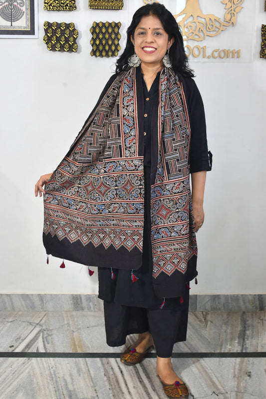 Ajrakh Hand Block Printed Khadi Cotton Stole with Tassels & natural dyes
