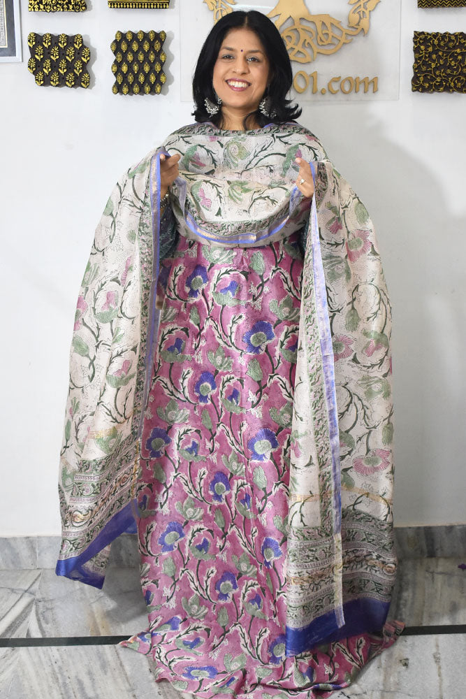 Elegant Sanganer Hand Block Printed Maheshwari Unstitched suit fabric