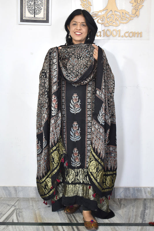 Designer Ajrakh Modal Silk kurta &  dupatta  set with Nakkshi palla