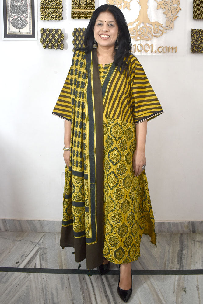 Ajrakh Hand Block Printed stitched Kaftan Kurta & Dupatta Set