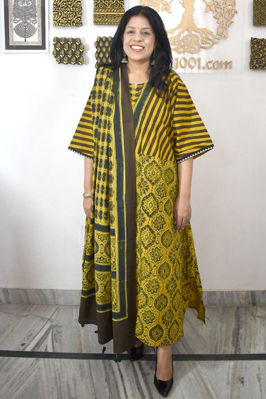 Ajrakh Hand Block Printed stitched Kaftan Kurta & Dupatta Set