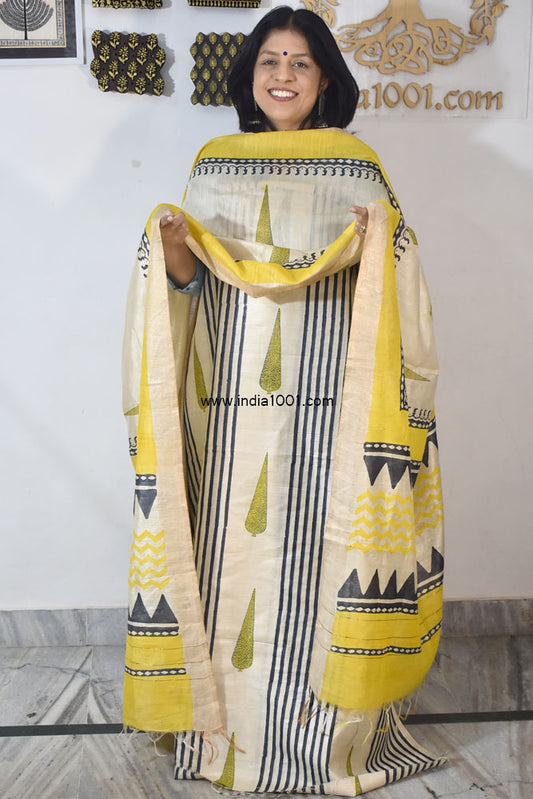 Elegant Hand Block printed Moonga Tussar Silk Kurta Dupatta Set