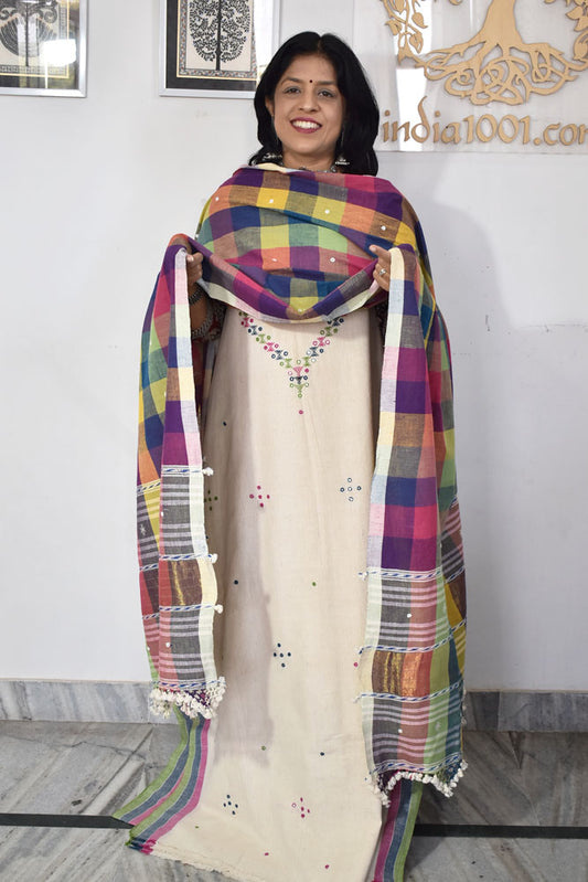 Premium Handwoven Kala Cotton Bhujodi suits with Mirror and Miri work - 3 pc set