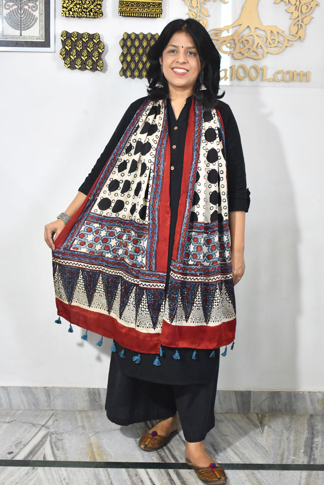 Beautiful Hand Block Printed Ajrakh Modal Silk stole with Tassels