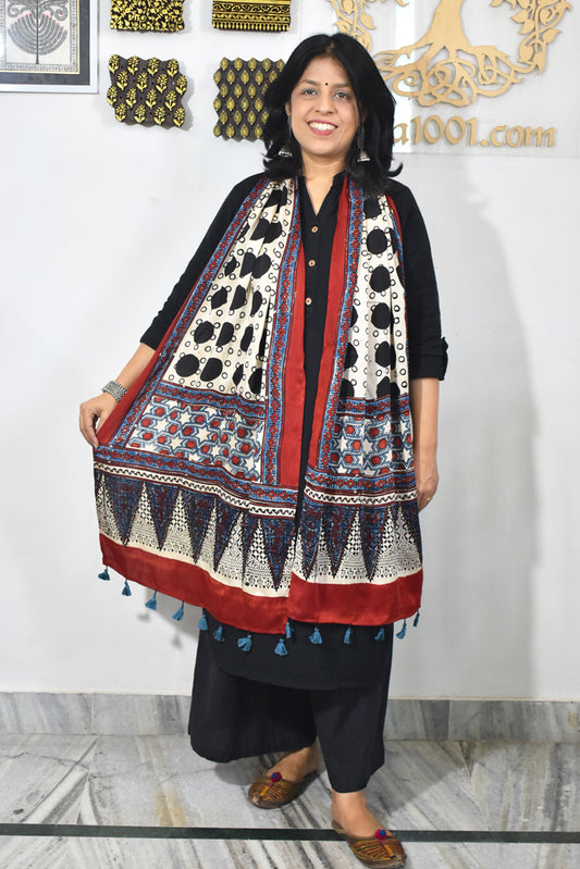 Beautiful Hand Block Printed Ajrakh Modal Silk stole with Tassels