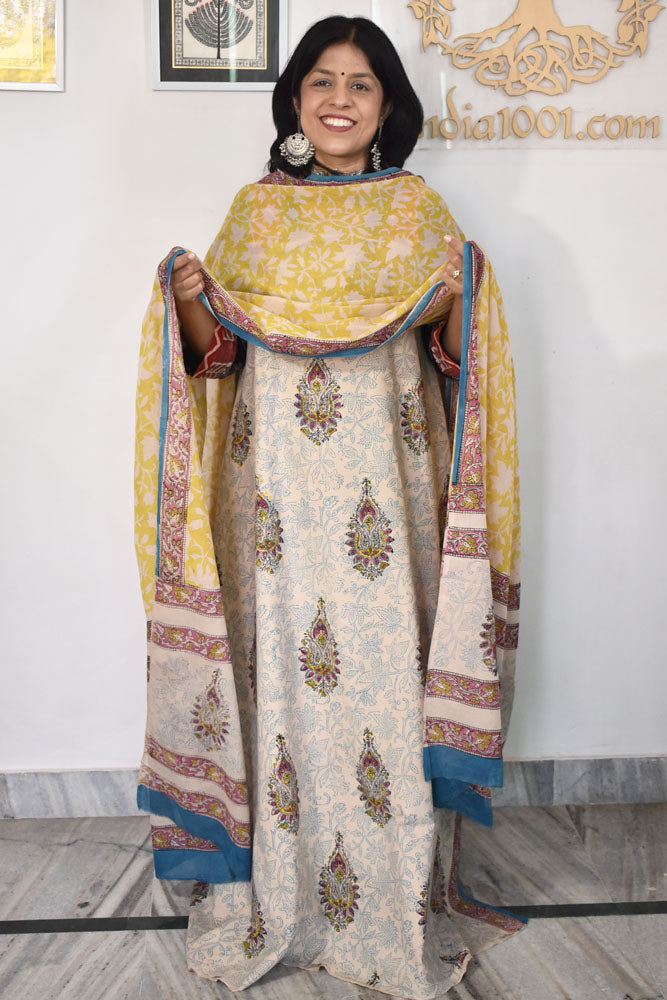 Earthy Hand Block Printed Cotton unstitched suit fabric with Soft Cotton dupatta
