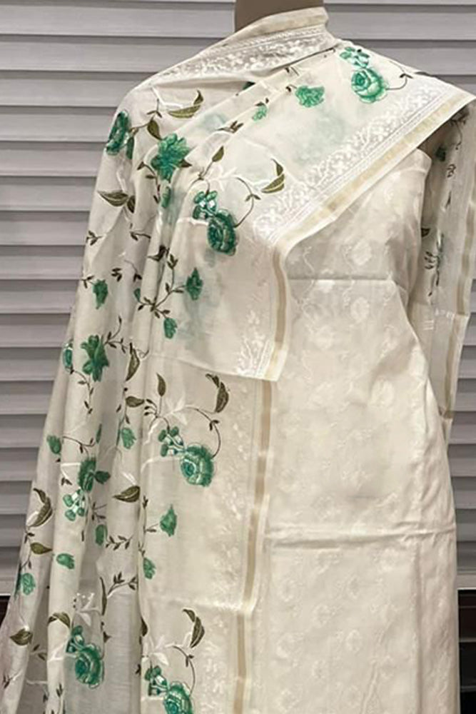 Beautiful embroidered Banarasi Slub Cotton Chanderi suit