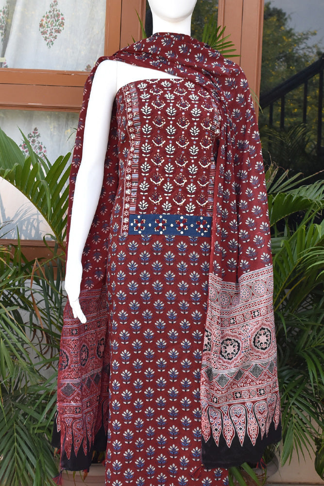 Premium Cotton Unstitched Suit with Ajrakh patch, Intricate Hand Embroidery & barmer Ajrakh dupatta
