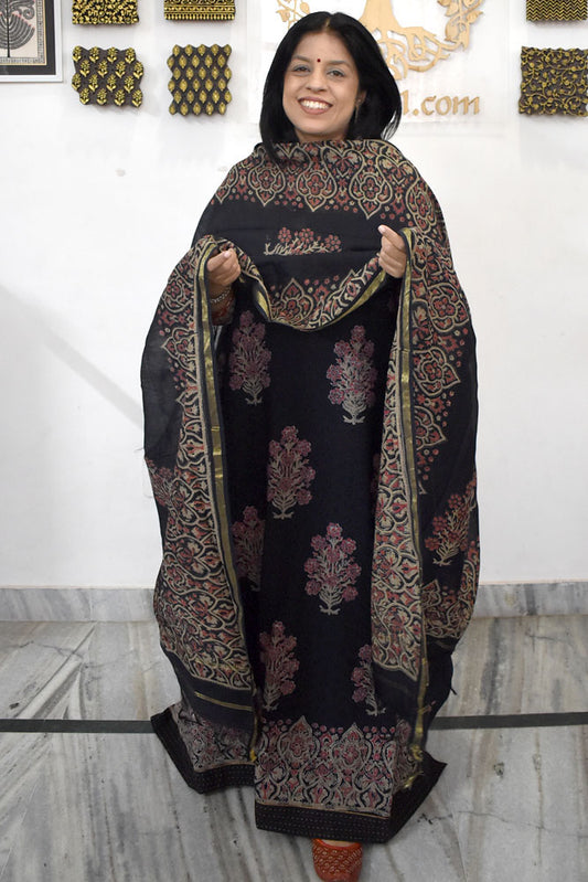 Elegant Hand Block print cotton suit with Schiffli work & Chanderi dupatta