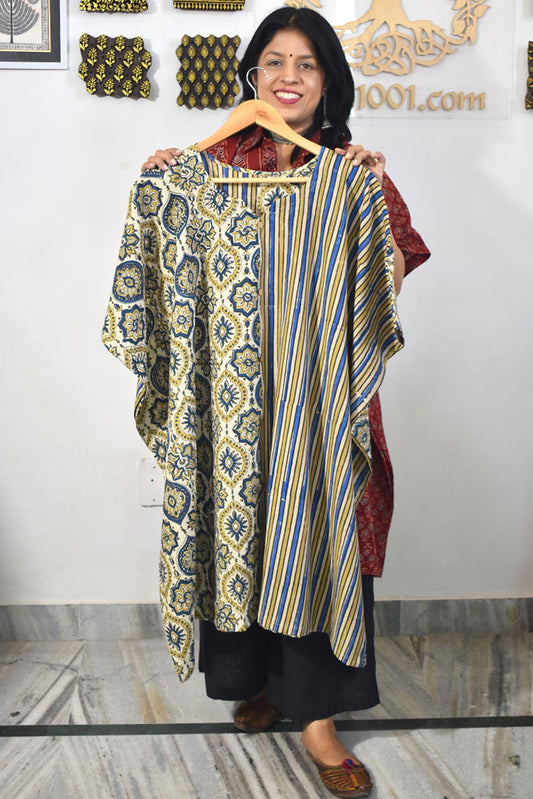 Beautiful Hand Block Printed Ajrakh Kaftan, Can fit till size 44