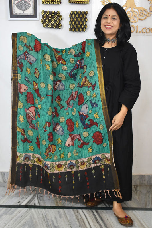 Beautiful Bangalore Cotton Silk Hand Painted Kalamkari Dupatta