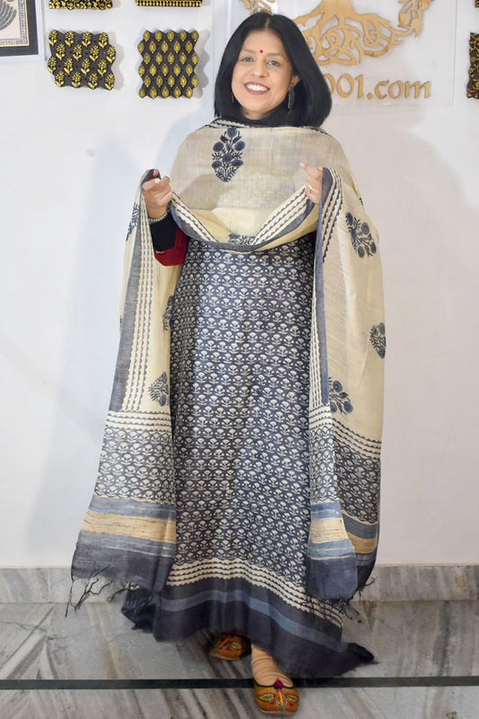 Beautiful Hand Block printed Tussar Pashmina Kurta Dupatta Set