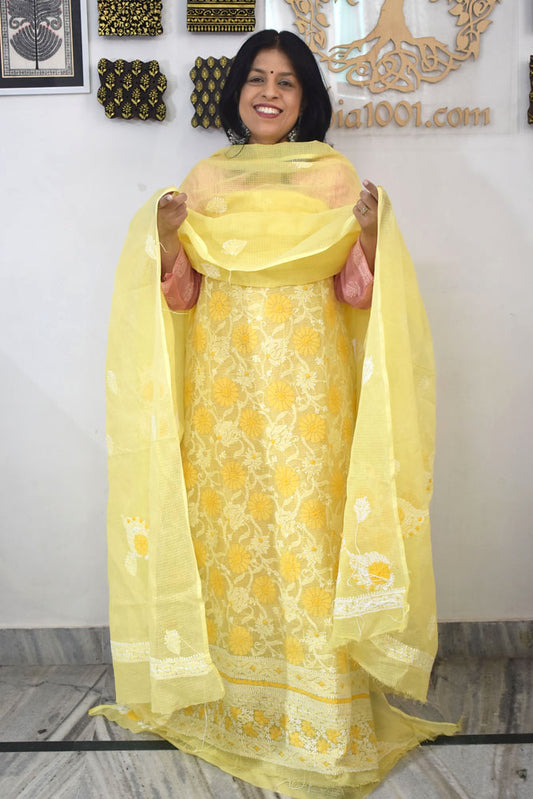 Elegant Lucknowi Chikankari Hand Embroidery work Kurta Fabric and dupatta set - 2 pc set