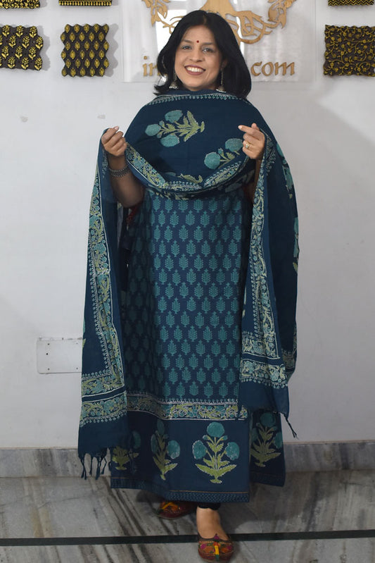 Elegant Hand Block print cotton suit with Cotton dupatta