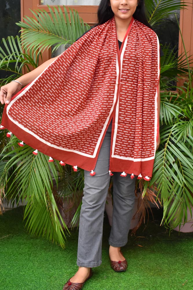 Elegant Hand block printed Cotton stole with cloth tassels