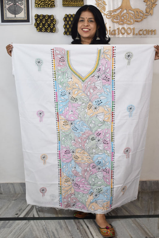 Hand Embroidered Kantha work cotton fabric - (Length 2.8 mtrs )