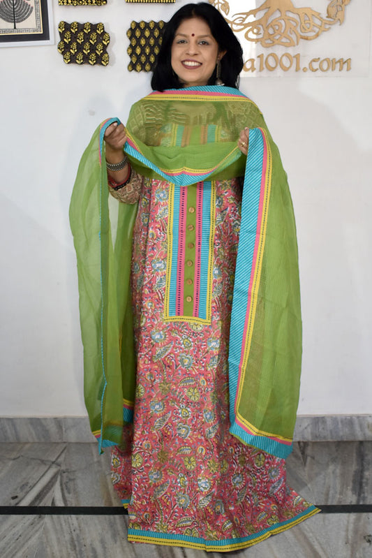 Designer Cotton Unstitched Suit Fabric with Embroidery, Bagru Block print patch & Kota dupatta