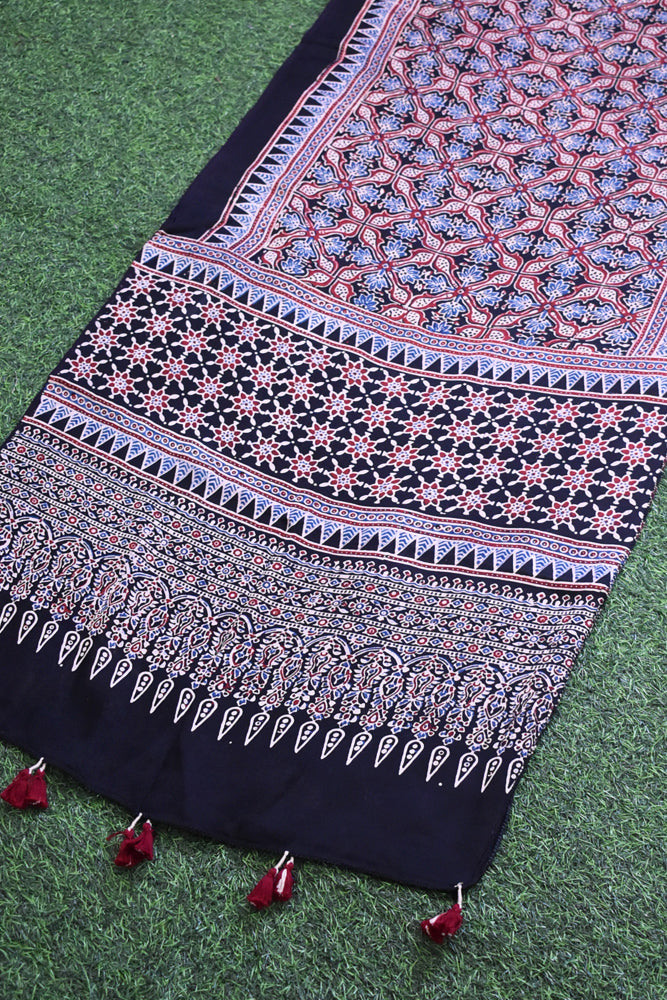 Beautiful Hand Block Printed Ajrakh Modal Silk stole with Tassels