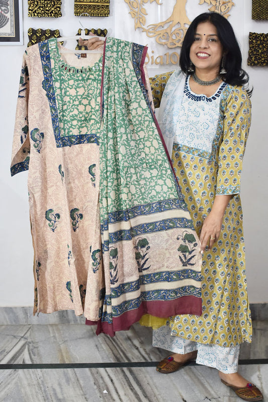 Hand Block Printed stitched 3 pc Cotton suit with Kutch Mirror Work Size  - 44