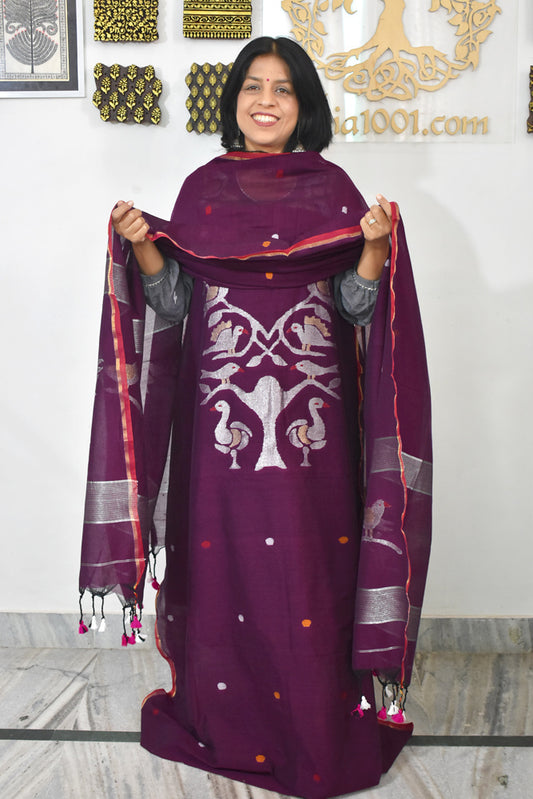 Kalakriti : Beautiful Hand Woven Soft Cotton Needle Jamdani Kurta Fabric & Dupatta set