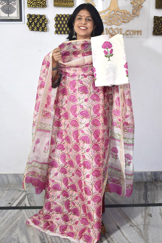 Beautiful Hand Block Printed Maheshwari Silk Cotton Unstitched suit fabric - 3 pc set