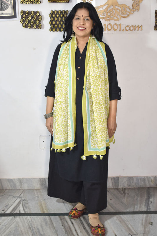 Elegant Hand block printed Cotton stole with cloth tassels