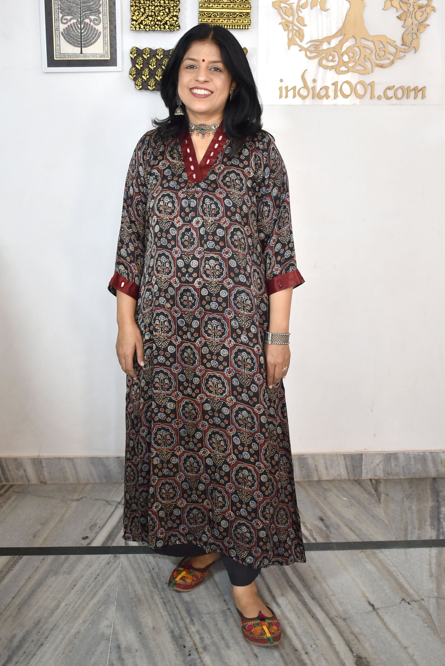 Beautiful Ajrakh Modal Silk Kurta with Kutch Mirror Work size - 38 - 44