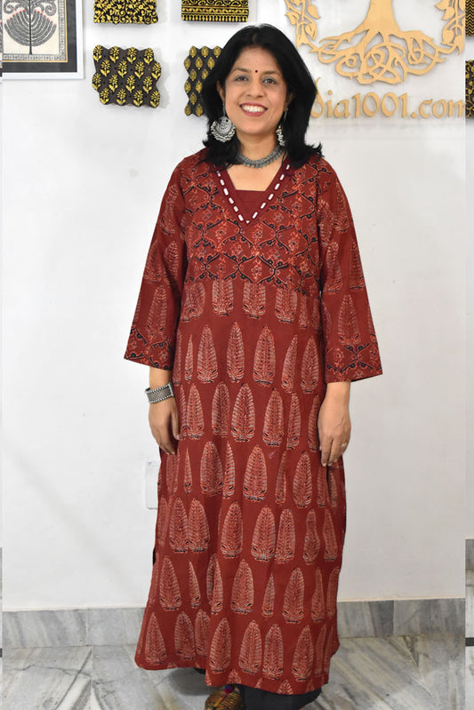 Beautiful Hand Block Printed Ajrakh Cotton kurta with Kutch Mirror work , Size 40 to 46