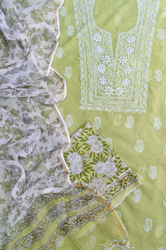 Green - Lucknowi Chikankari Hand Embroidery Sanganeri Unstitched Kurta Material (2.5M) 57