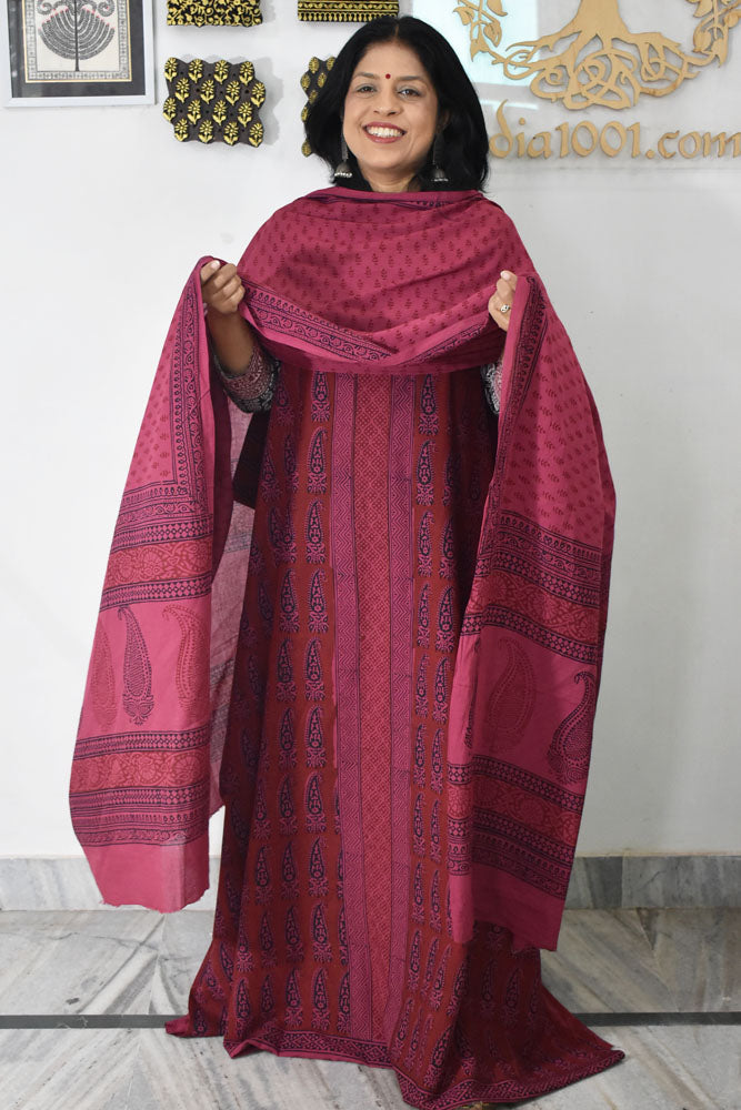 Bagh Hand Block Printed unstitched 3 pc Cotton suit fabric with Placement block print from MP