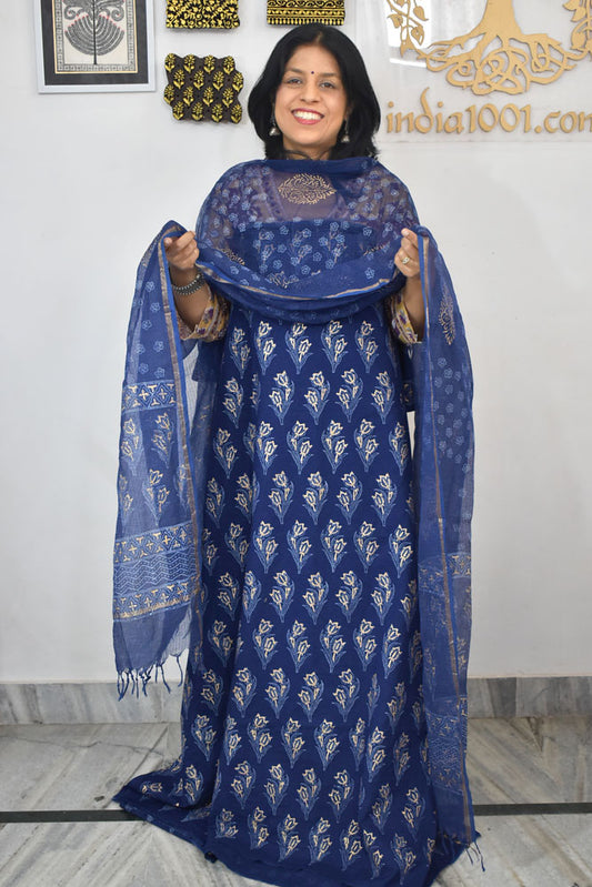 Beautiful Hand Block Printed Cotton unstitched suit fabric with Kota Doria Dupatta