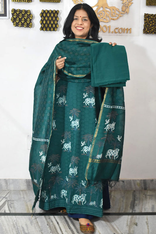 Elegant Hand Block print cotton suit with Schiffli work & Chanderi dupatta