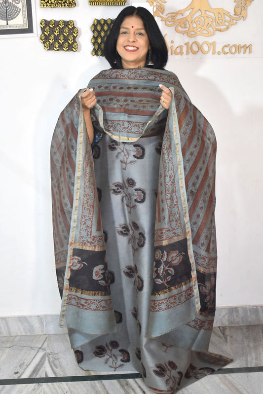 Beautiful Hand Block Printed Vanaspati Ajrakh Maheshwari Silk Cotton Unstitched suit fabric - 3 pc set