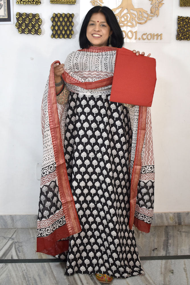Beautiful Hand Block Printed Cotton unstitched suit fabric with Woven Borders Cotton dupatta