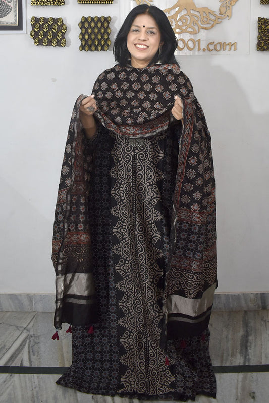 Beautiful Hand Block printed Ajrakh Chanderi Kurta and Lagdi patta dupatta set