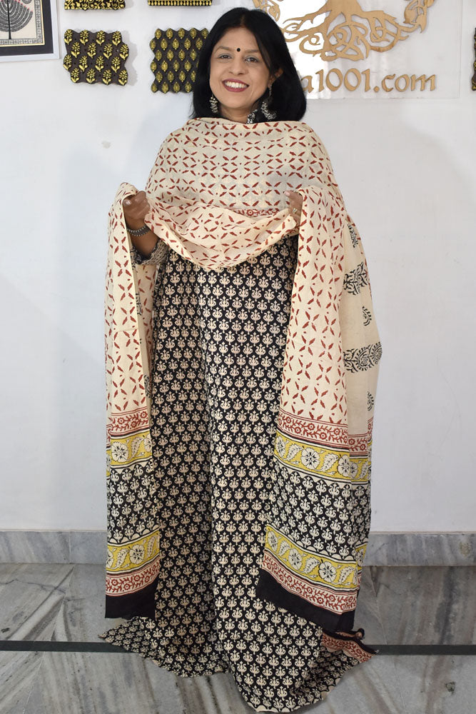 Elegant Bagru Block Printed unstitched suit fabric with Cotton dupatta