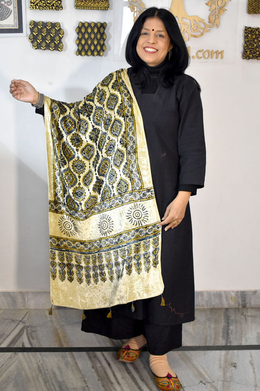 Beautiful Hand Block Printed Ajrakh Velvet stole with Tassels
