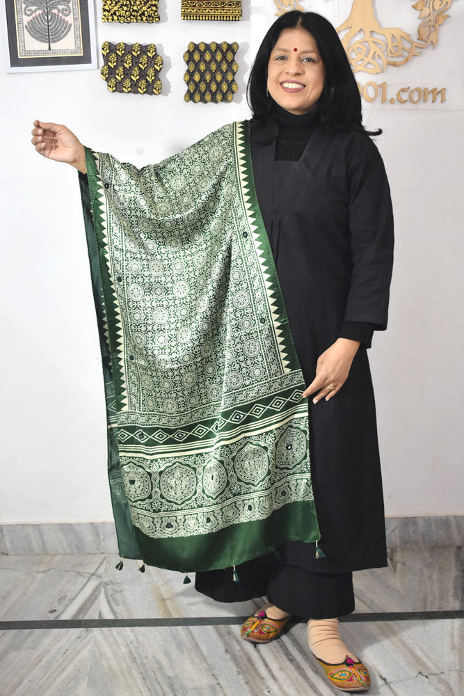 Beautiful Hand Block Printed Ajrakh Mashru Silk stole with Mirror Work