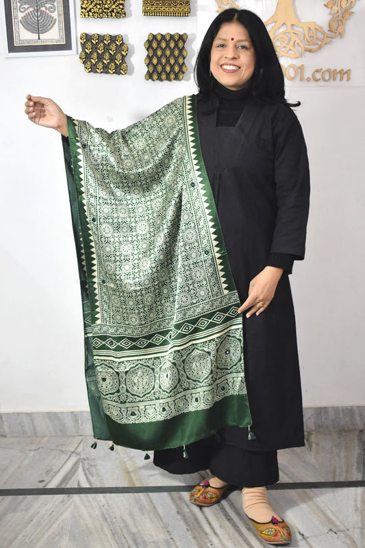 Beautiful Hand Block Printed Ajrakh Mashru Silk stole with Mirror Work