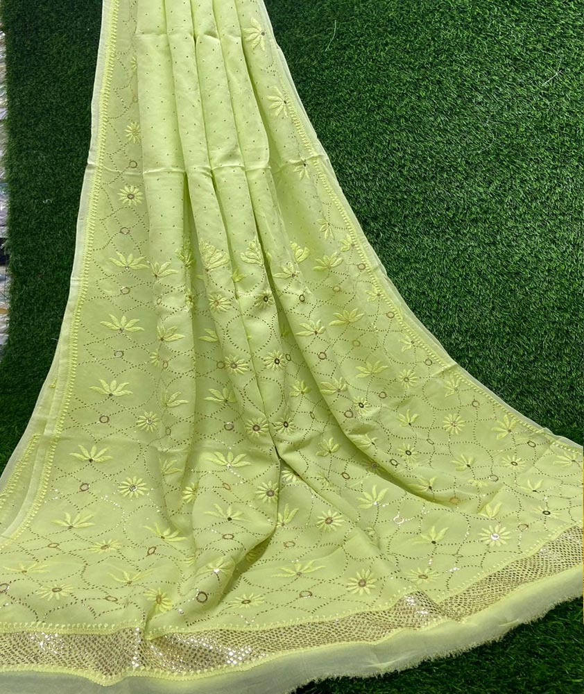 Very Beautiful Soft Viscose Georgette saree with Intricate Hand Chikankari & Muqaish work (with blouse piece in the same fabric)
